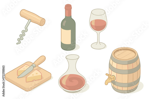 Wine Tasting Icons. Isometric vector illustration set Wine Tasting Essentials: corkscrew opener spiral, wine bottle with seal,
