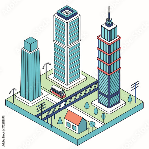 Isometric Illustration of Modern City Skyscrapers with Detailed Architectural Design.