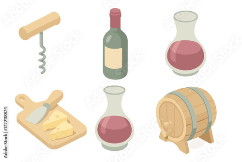 Wine Tasting Icons. Isometric vector illustration set Wine Tasting Essentials: corkscrew opener spiral, wine bottle with seal,