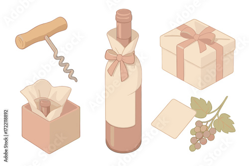 Wine Gift Packaging. Isometric vector illustration set Wine Gift Package: corkscrew with wooden handle, wrapped wine bottle, gift