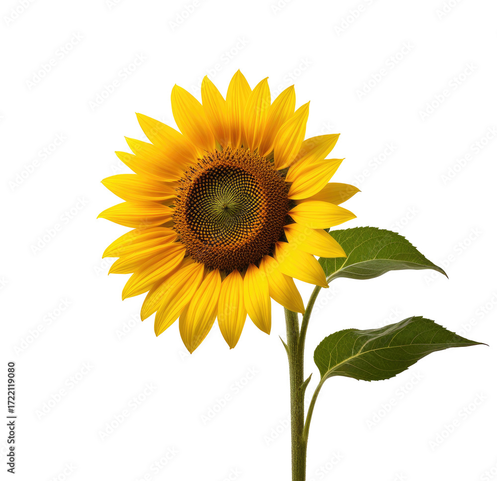Fototapeta premium Single sunflower, blooming, black background, studio shot, nature