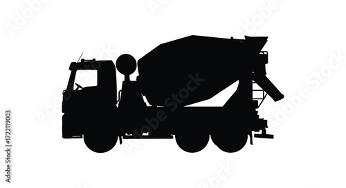 A silhouette of a concrete mixer truck against a white background