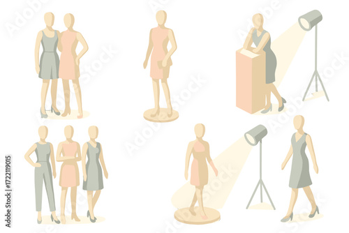 Fashion Showroom Display. Isometric vector illustration set Fashion Showroom Setup: pair of mannequins in coordinated poses,