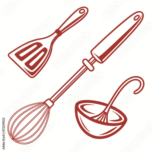 Reddish-brown graphic kitchen utensils: slotted spatula wire whisk and ladle in a bowl simple illustration.