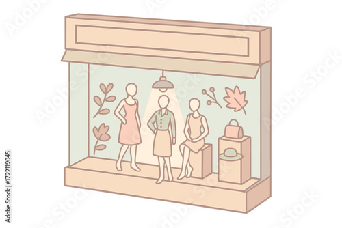 Elegant Window Display. Isometric vector illustration set Window Display Design: storefront window with mannequins posed,
