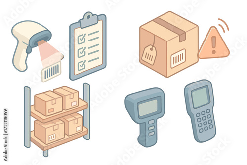 Logistics Tools Icons. Isometric vector illustration set Logistics Tracking Tools: barcode scanner with light beam, inventory