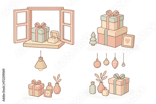 Gift Shop Display. Isometric vector illustration set Gift Shop Window Scene: open window with ribbon-wrapped items, stacked gift
