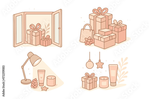 Gift Shop Display. Isometric vector illustration set Gift Shop Window Scene: open window with ribbon-wrapped items, stacked gift