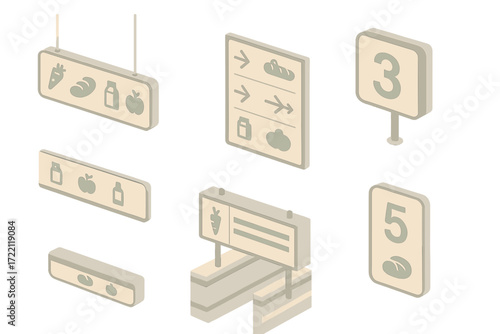 Aisle Directory Signage. Isometric vector illustration set Aisle Directory Elements: overhead sign with grocery categories, panel