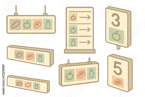 Aisle Directory Signage. Isometric vector illustration set Aisle Directory Elements: overhead sign with grocery categories, panel