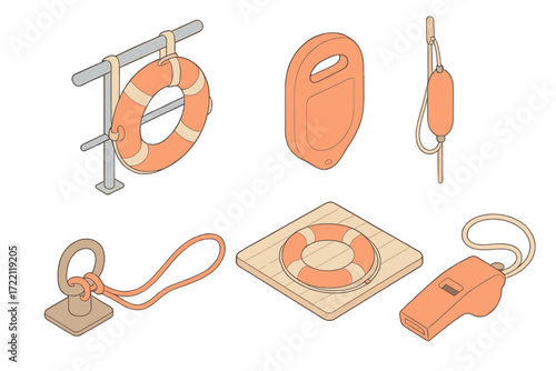 Boating Safety Essentials. Isometric vector illustration set Boating Safety Essentials: lifebuoy ring strapped to railing,
