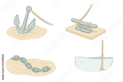 Boat Mooring Elements. Isometric vector illustration set Boat Mooring Elements: fluke anchor partially buried, tensioned rope tied