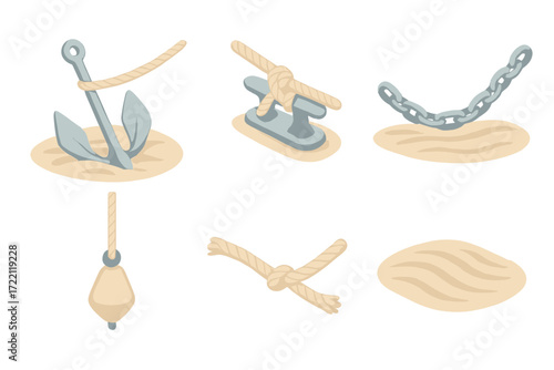 Boat Mooring Elements. Isometric vector illustration set Boat Mooring Elements: fluke anchor partially buried, tensioned rope tied