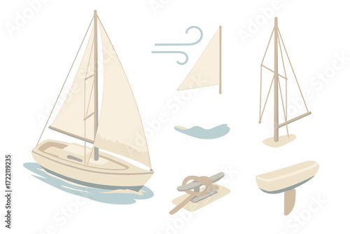 Sailboat Components Illustration. Isometric vector illustration set Sailboat Components: sailboat with raised sail, tall mast with