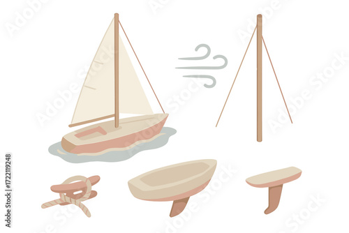Sailboat Components Illustration. Isometric vector illustration set Sailboat Components: sailboat with raised sail, tall mast with