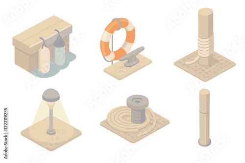 Mooring Safety Equipment. Isometric vector illustration set Mooring Safety Equipment: boat fenders on dock edge, lifebuoy mounted