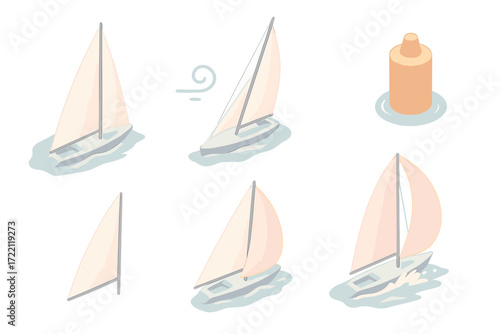 Regatta Sailing Icons. Isometric vector illustration set Regatta Sailing Elements: sleek sailboat with taut sail, angled mast