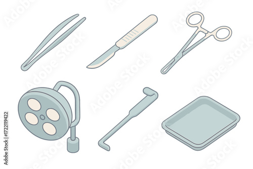 Surgical Tools Icons. Isometric vector illustration set of surgery instruments: forceps, scalpel blade, surgical clamp, retractor,