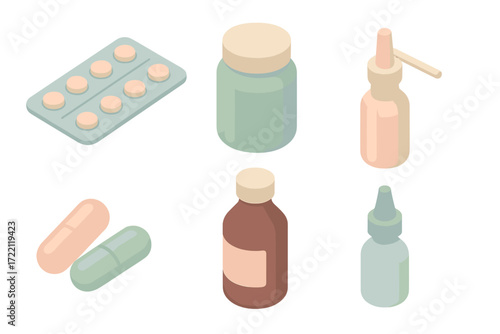 Pharmacy Items Illustration. Isometric vector illustration set of pharmacy items: blister pack pills, medicine jar, nasal spray,