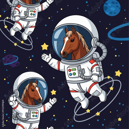 Whimsical horses in astronaut suits float playfully through starry outer space inspiring imagination