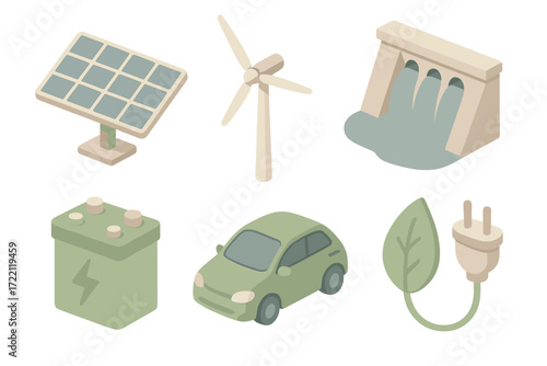 Renewable Energy Icons. Isometric vector illustration set of renewable energy: solar panel, wind turbine, hydroelectric dam,