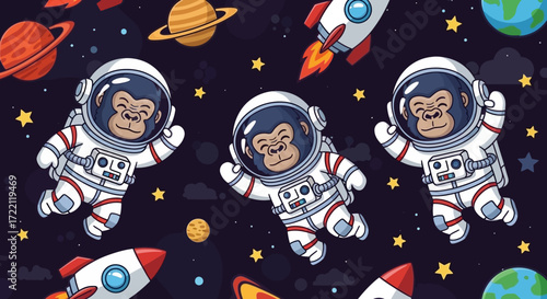 Funny astronaut gorillas float happily in space with rockets and planets ideal for kids designs