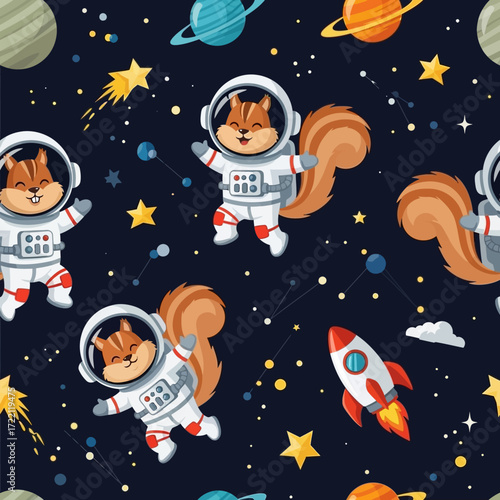 Cute cartoon squirrels in astronaut suits exploring space with planets and stars Seamless pattern