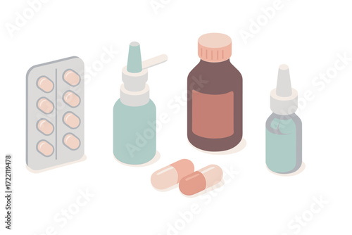 Pharmacy Items Illustration. Isometric vector illustration set of pharmacy items: blister pack pills, medicine jar, nasal spray,