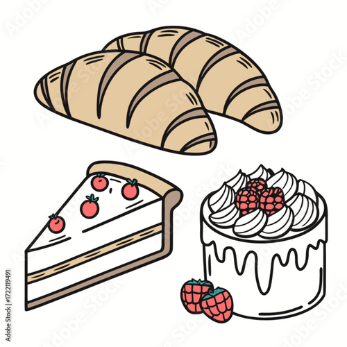 Delicious Pastry Trio: Croissants Cheesecake Slice and Raspberry Cream Dessert.