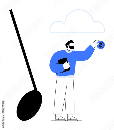 Man holding book and dollar coin near weighted lever, cloud above. Ideal for finance, investment, strategy, decision-making, balance, equilibrium and growth. Simple flat metaphor
