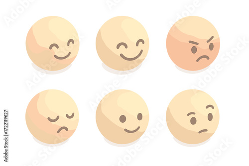 Pastel Emoji Faces. Isometric vector illustration set of simple emoji faces: shy grin, giggling closed eyes, relieved calm, angry