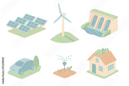 Sustainable Technology Icons. Isometric vector illustration set of sustainable technology in nature: solar panels in a field, wind