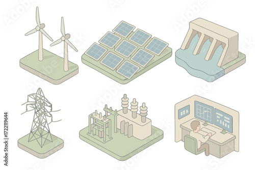 Sustainable Energy Icons. Isometric vector illustration set of sustainable energy infrastructure: wind farm, solar field, hydro