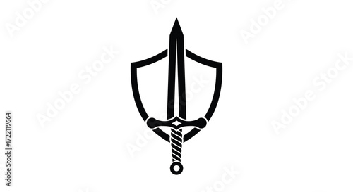 A black and white emblem featuring a sword and shield design