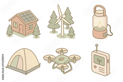 Eco-Friendly Forest Icons. Isometric vector illustration set of forest and sustainable technology: solar-powered cabin, windmill