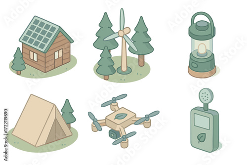 Eco-Friendly Forest Icons. Isometric vector illustration set of forest and sustainable technology: solar-powered cabin, windmill