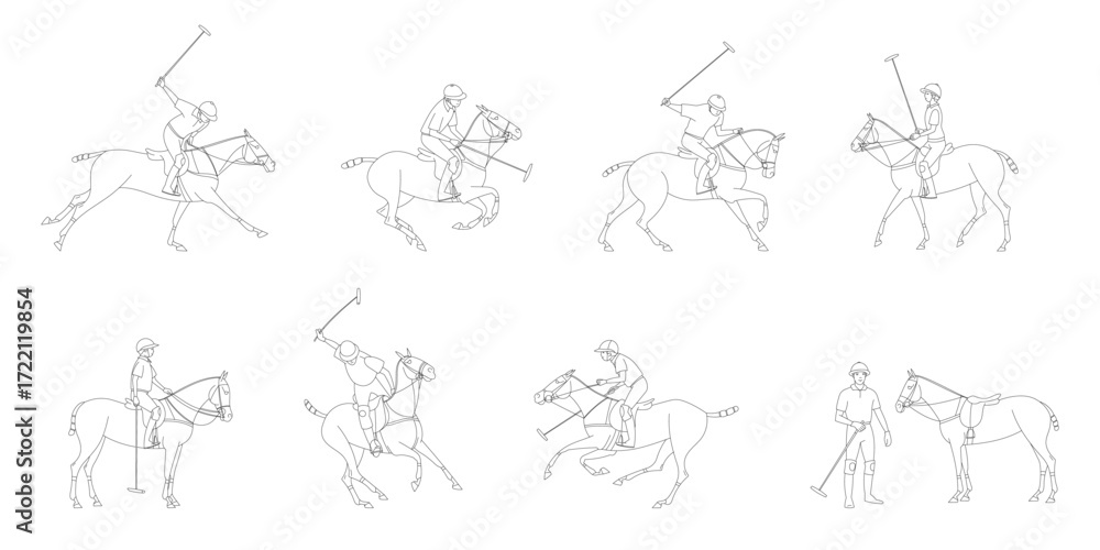 Naklejka premium Line art illustrations of polo players and horses in various dynamic and standing positions on white background