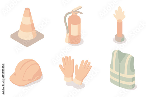 Accident Scene Essentials. Isometric vector illustration set of accident scene response: warning cone, fire extinguisher, road
