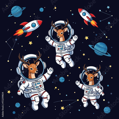 Whimsical cartoon deer astronauts float in space with rockets stars and planets inspiring adventure
