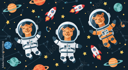 Happy astronaut camels floating in space with rockets and planets