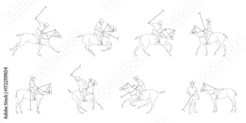 Line art illustrations of polo players and horses in various dynamic and standing positions on white background
