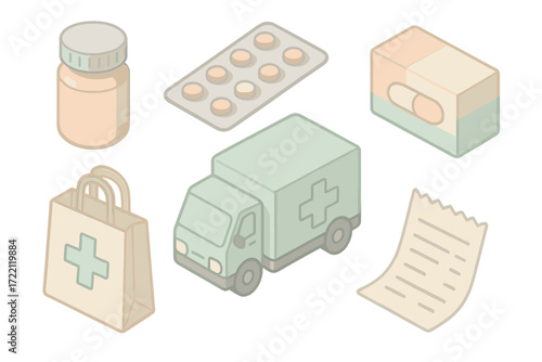 Pharmacy Delivery Essentials. Isometric vector illustration set of pharmacy delivery essentials: pill bottle, blister pack,