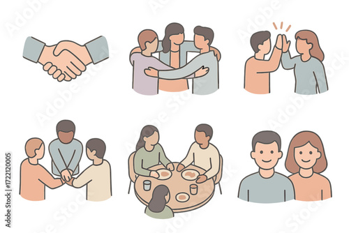 Teamwork Icons Set. Isometric vector illustration set of teamwork and wellbeing icons: handshake, supportive group, high five,