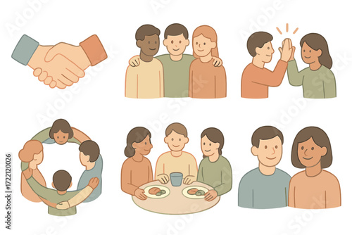 Teamwork Icons Set. Isometric vector illustration set of teamwork and wellbeing icons: handshake, supportive group, high five,
