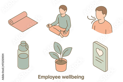 Employee Wellbeing Icons. Isometric vector illustration set of employee wellbeing icons: yoga mat, meditation pose, breathing