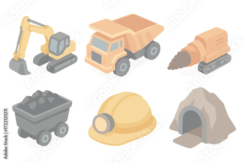 Mining Industry Icons. Isometric vector illustration set of mining and heavy industry icons: excavator, dump truck, drilling