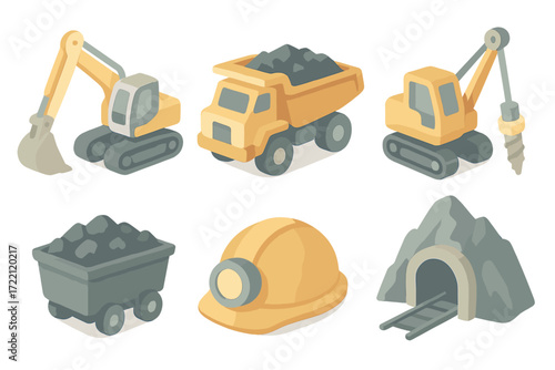 Mining Industry Icons. Isometric vector illustration set of mining and heavy industry icons: excavator, dump truck, drilling
