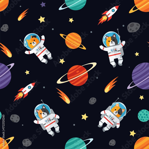 Playful astronaut cats explore space with planets rockets and stars Fun cosmic seamless pattern
