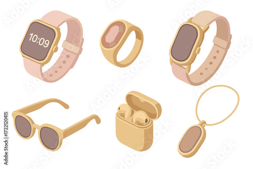 Luxury Smart Wearables. Isometric vector illustration set of luxury smart wearables: designer smartwatch, gemstone smart ring,