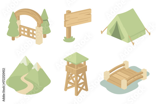 Protected Area Symbols. Isometric vector illustration set of protected area icons: national park gate, wooden sign, camping tent,